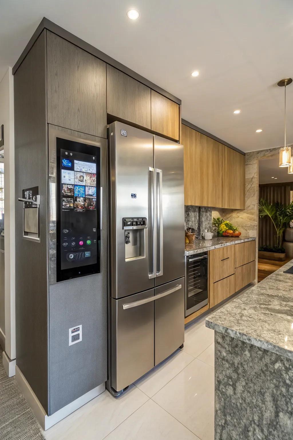 High-tech features surrounding the refrigerator cultivate a futuristic and functional space.