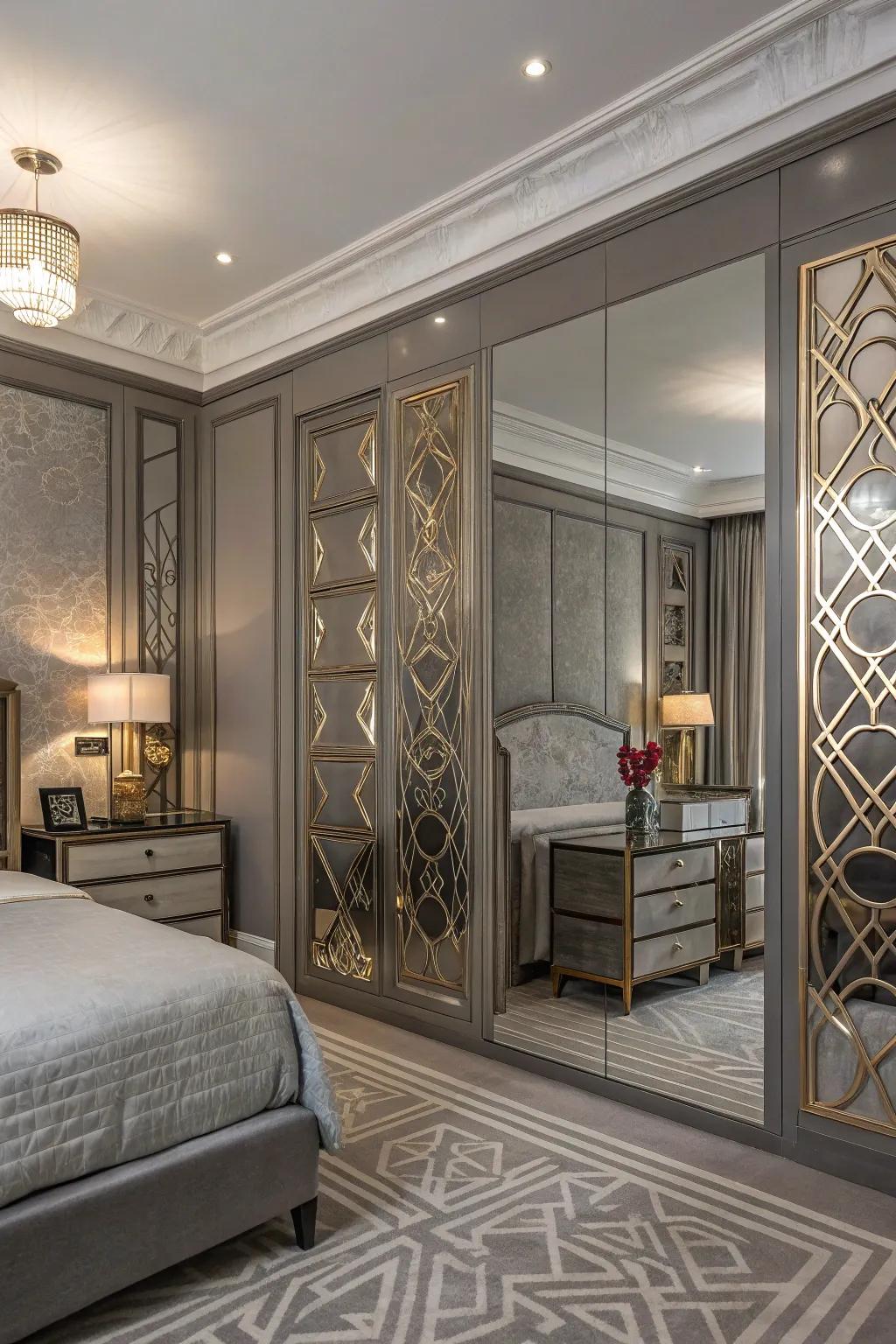 Art Nouveau features add a hint of glamour to a repose gray bedroom.