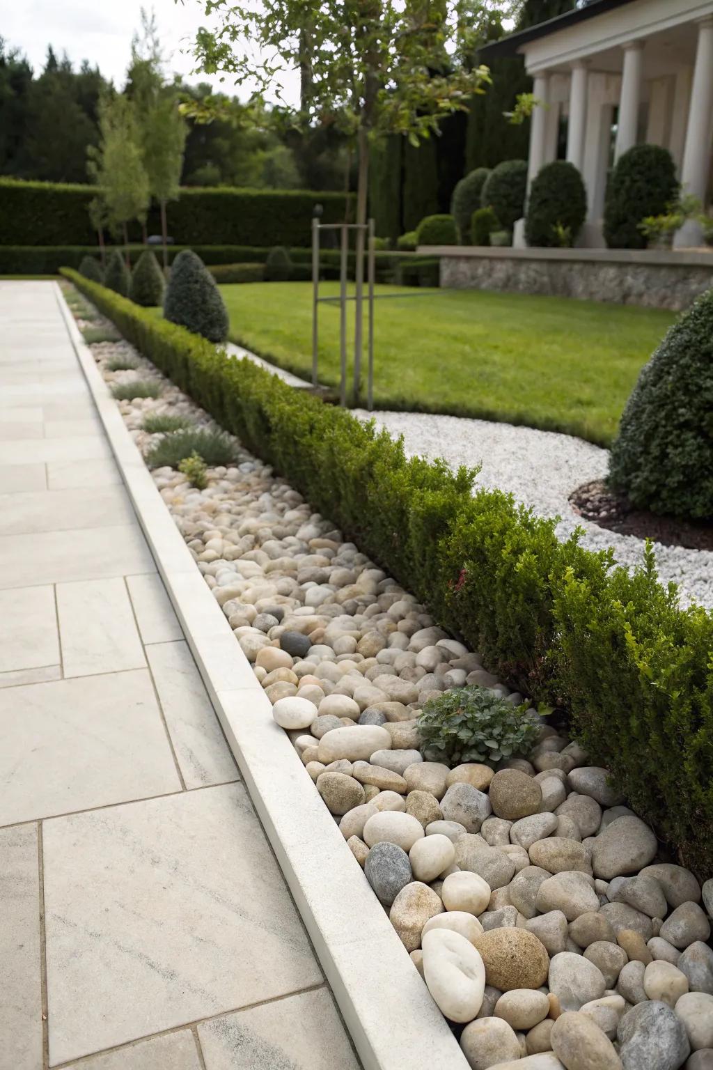 A minimalist garden border is defined by a single line of uniform rocks.