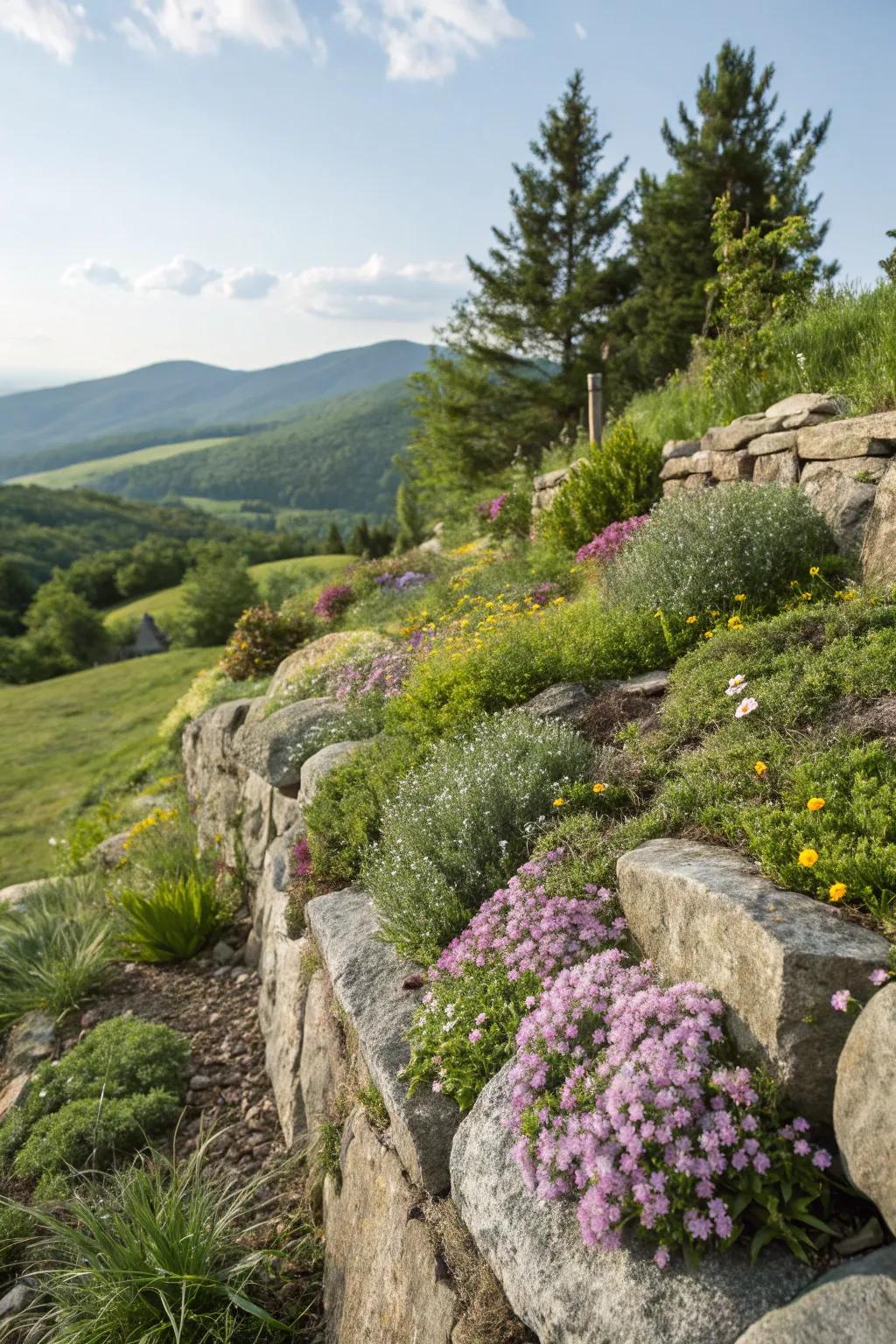 Stone structures with alpine flora fashion a distinctive garden sanctuary.