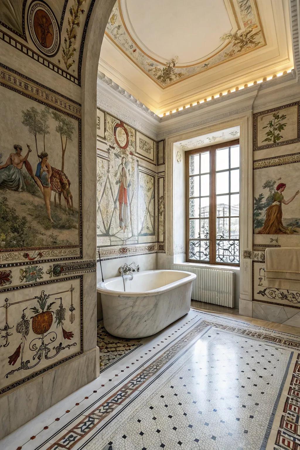 Historical particulars enrich the Roman theme within this stylish washroom.