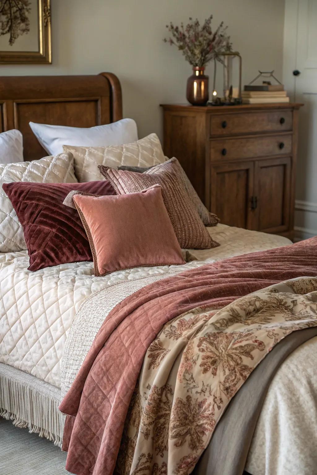 Layered materials fashion dimension and richness, contributing to the room's luxury.