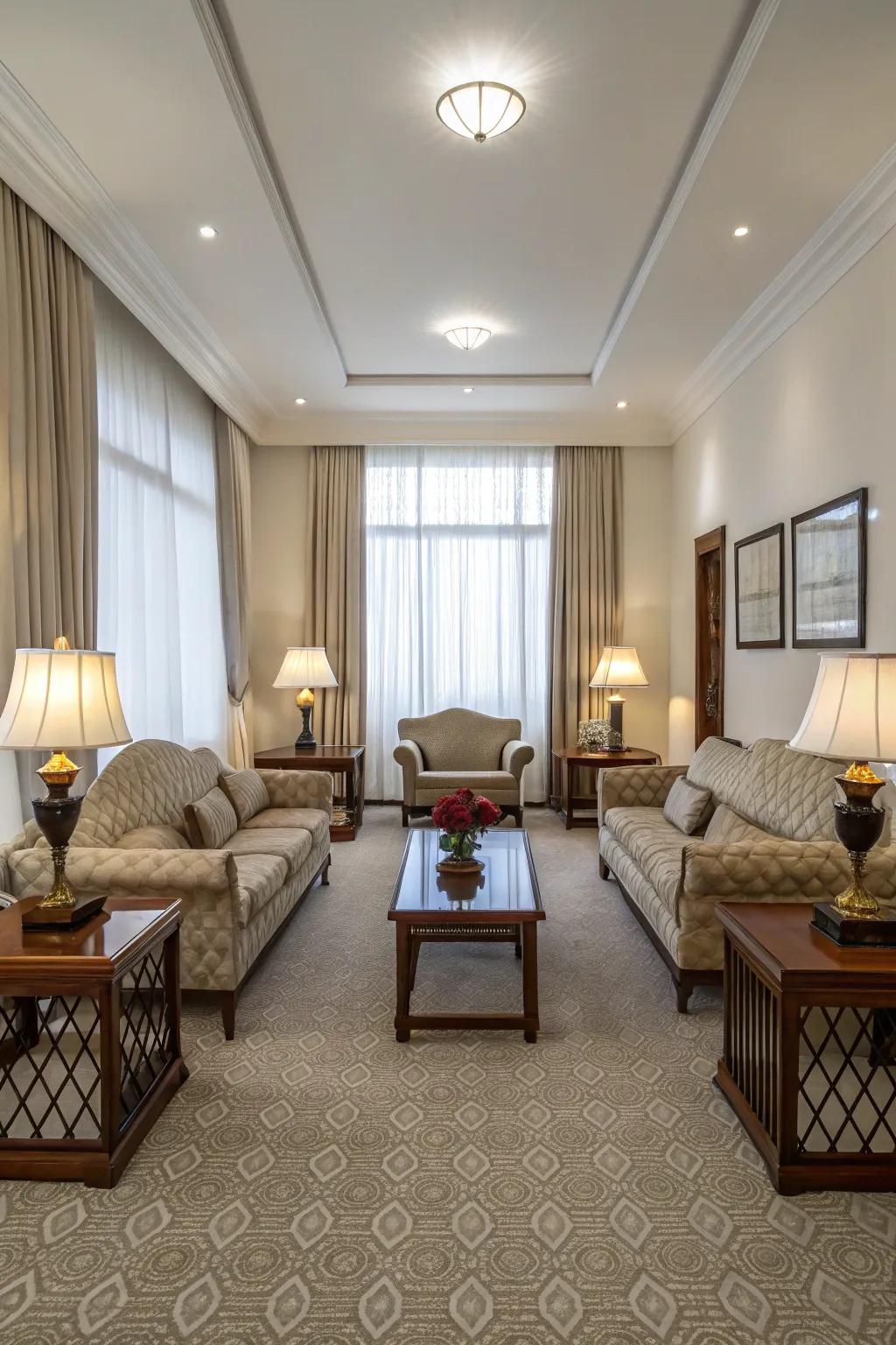 A balanced room featuring symmetrical design features.