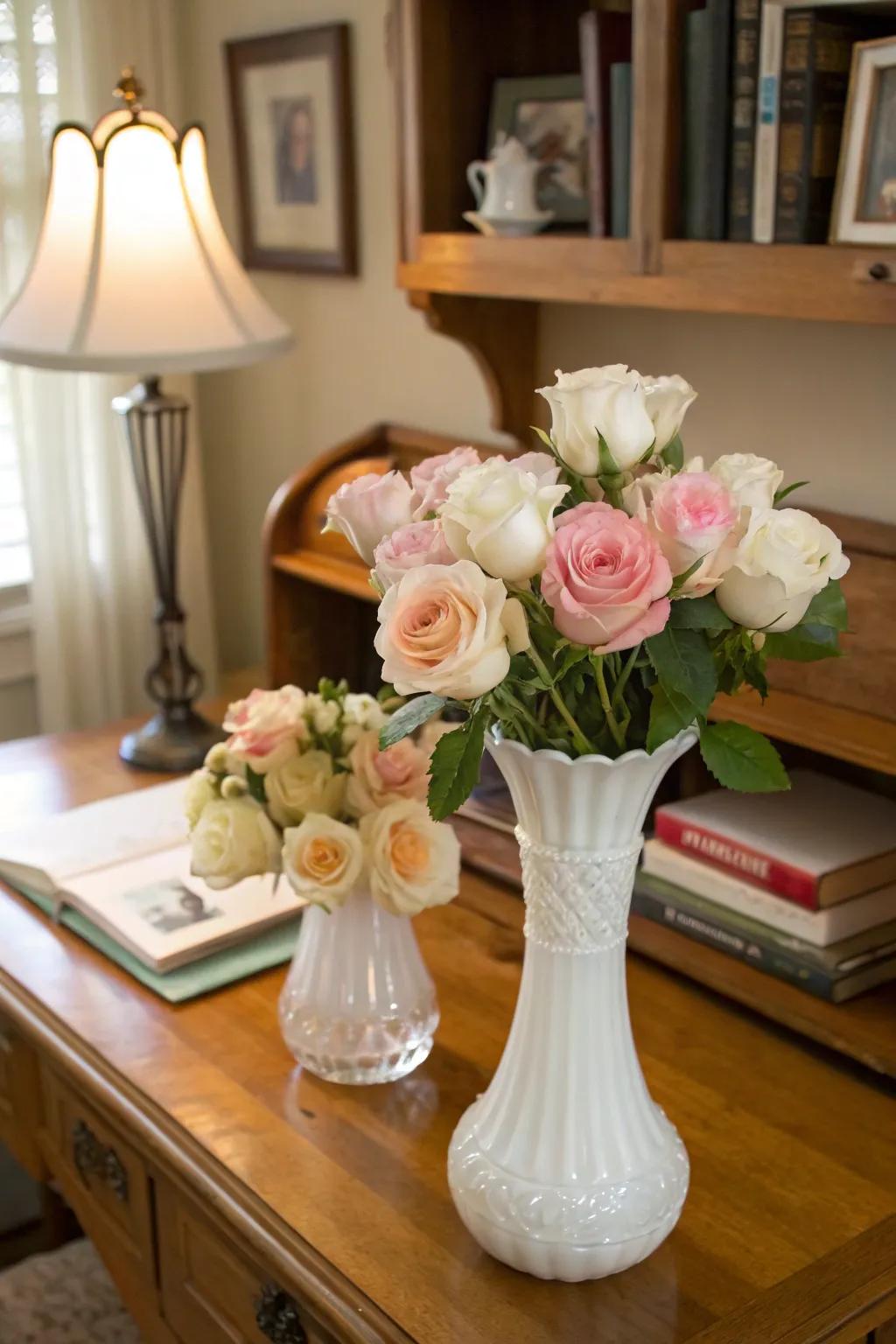 Nostalgic and charming featuring retro milk glass flower holders.