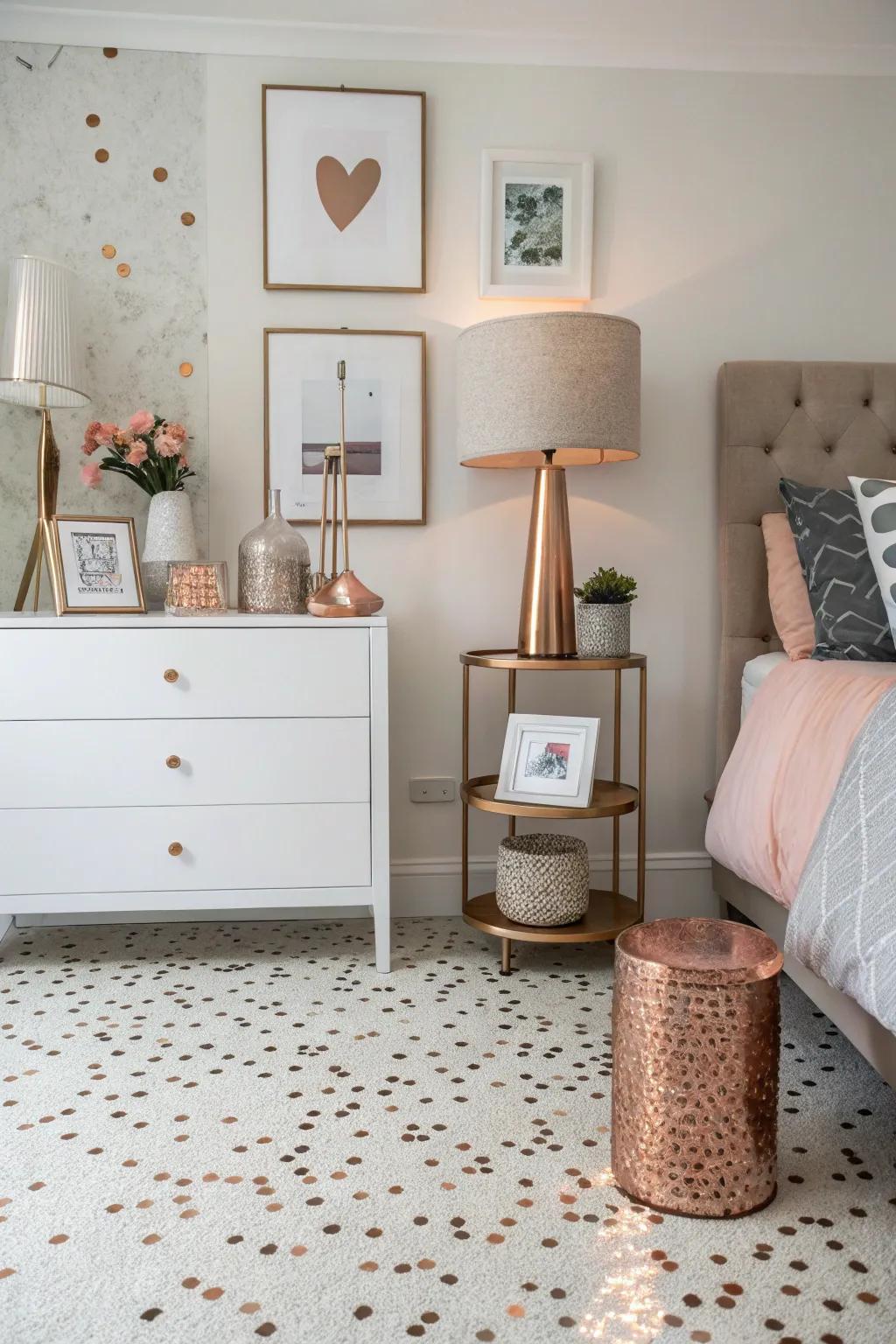 Mosaic and blush-tone for a contemporary bedroom twist.