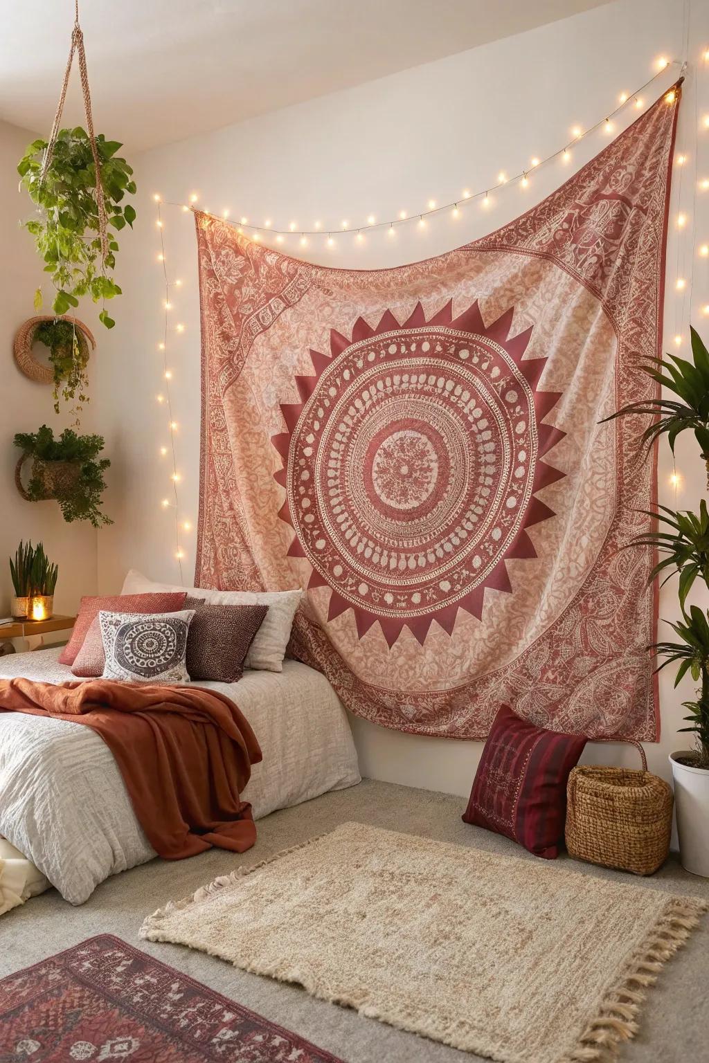 A petal metal and wine-dark wall tapestry includes deepness and inventive panache.