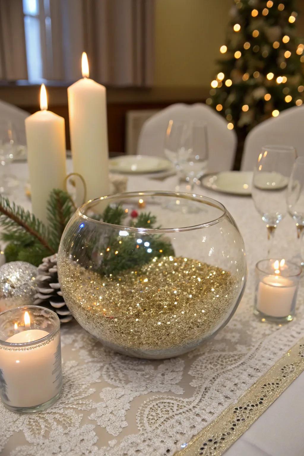 Sparkle situated in a glass bowl contributes an alluring and festive shimmer.