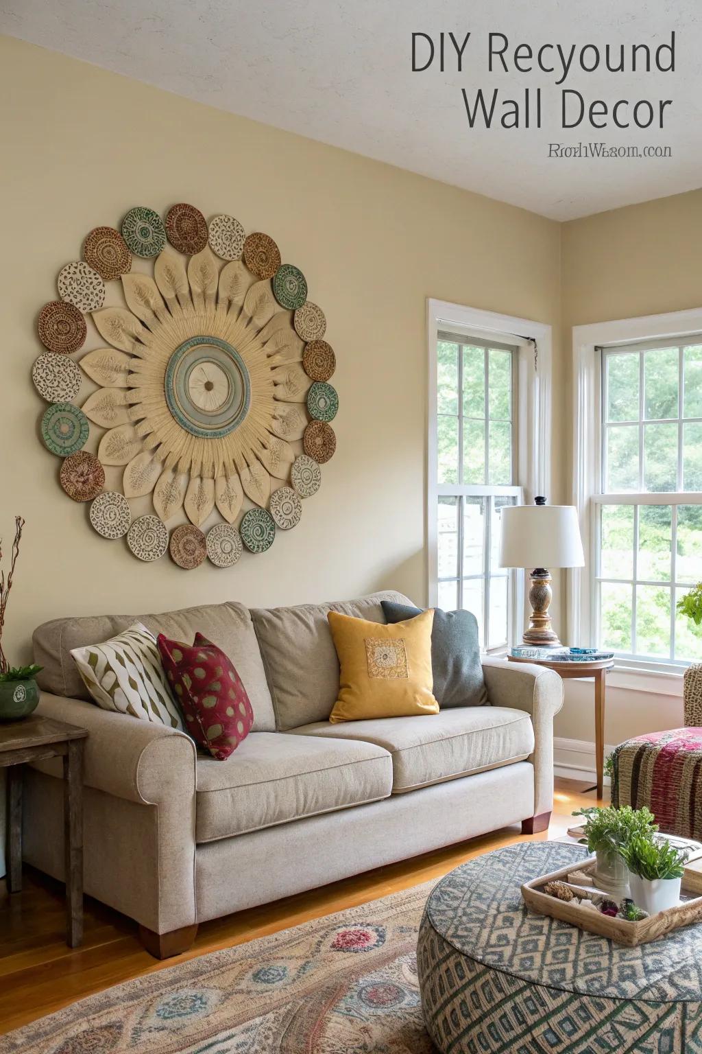 A living room showcasing a do-it-yourself circular wall decoration made from upcycled materials.