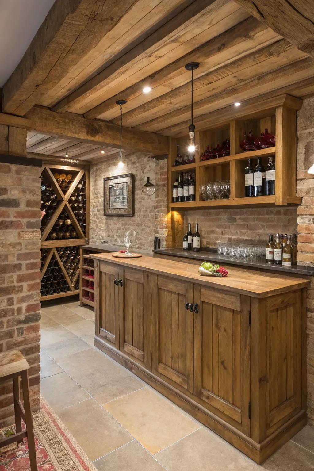 A wine rack in country style beautifully displaying a selection of wines.