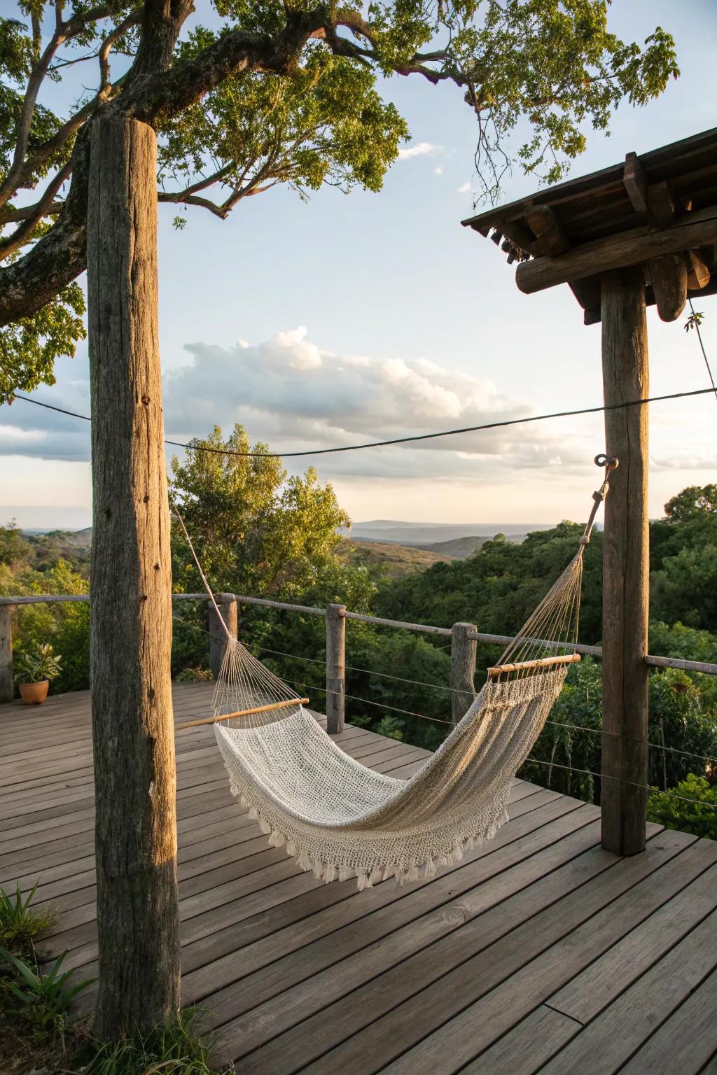 A hammock offers a perfect relaxation spot on this countryside patio.