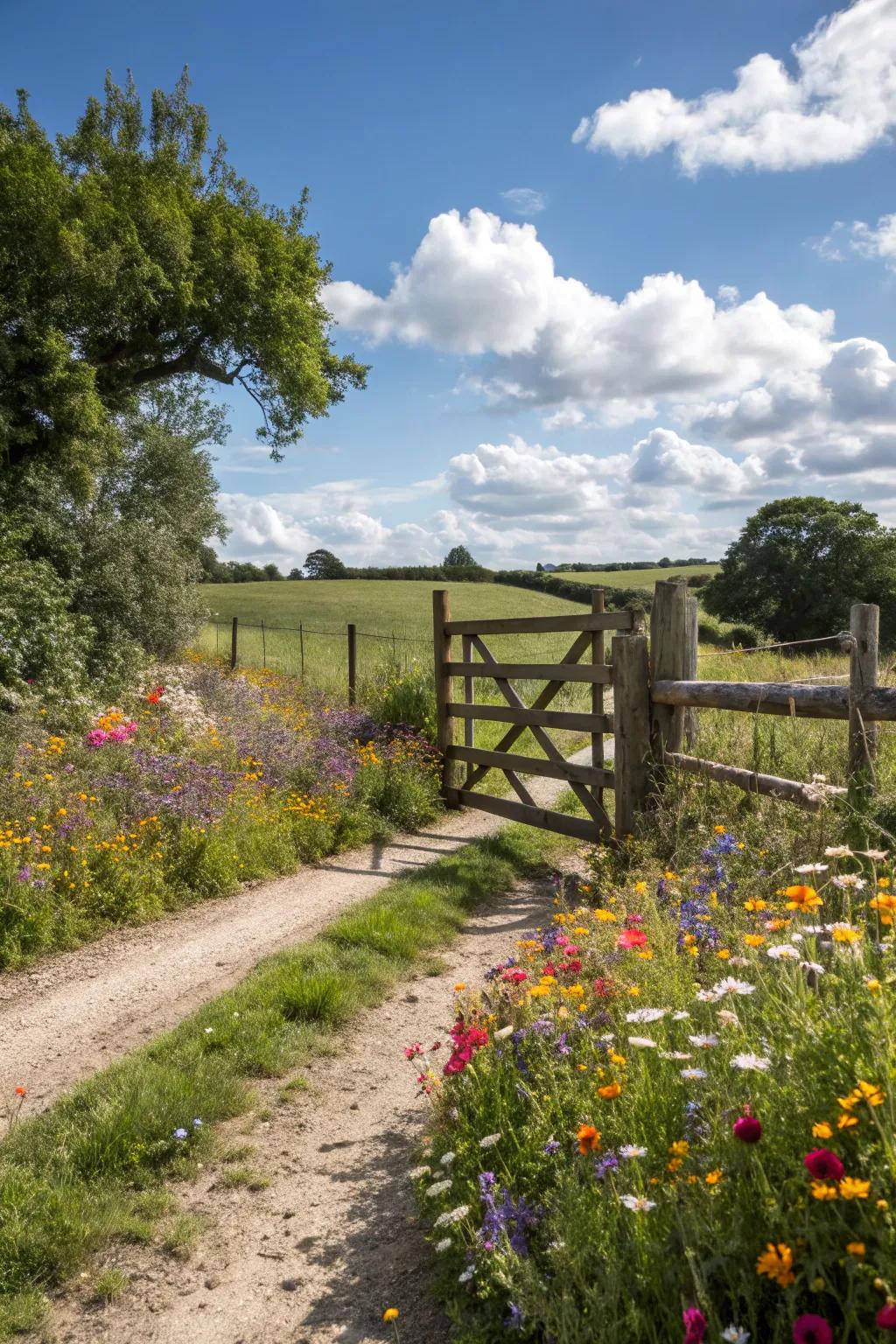 A farm gate framed by a colorful wildflower perimeter.