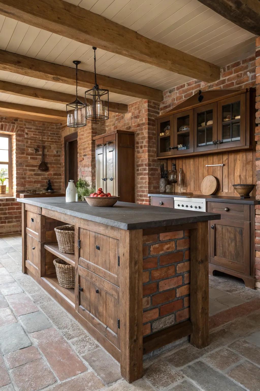 A farmhouse kitchen island enriched with rustic brick whispers.