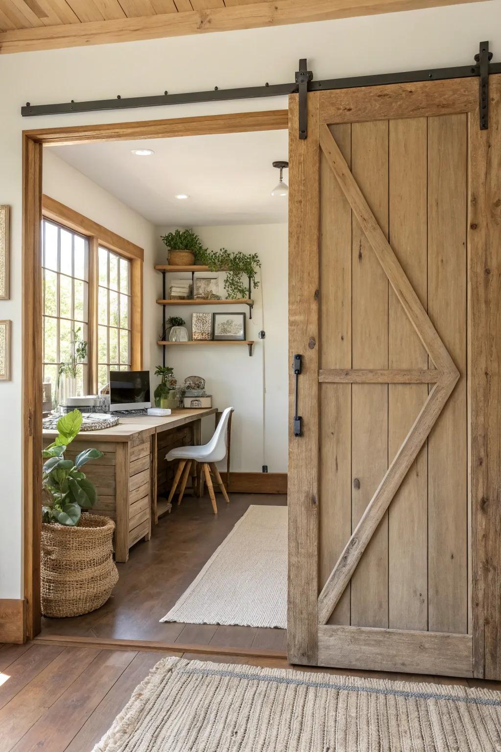 A barn gate imparts rural elegance and practicality to your countryside office entrance.