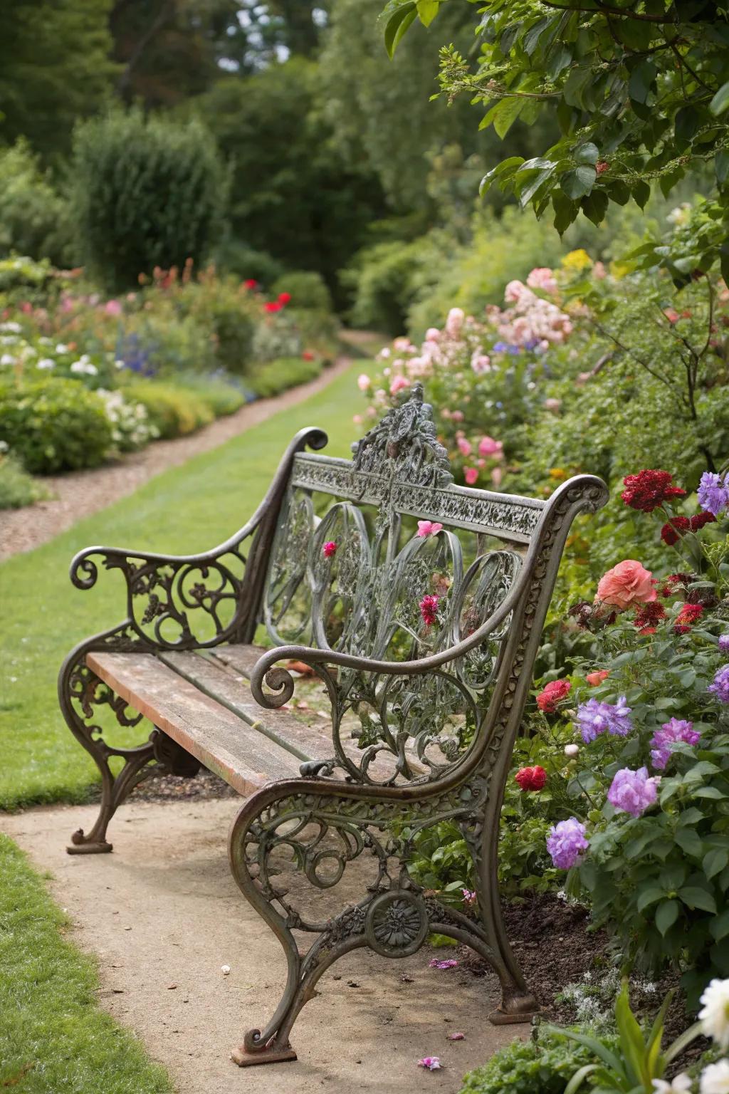 A vintage metal work bench adding elegance to garden blooms.