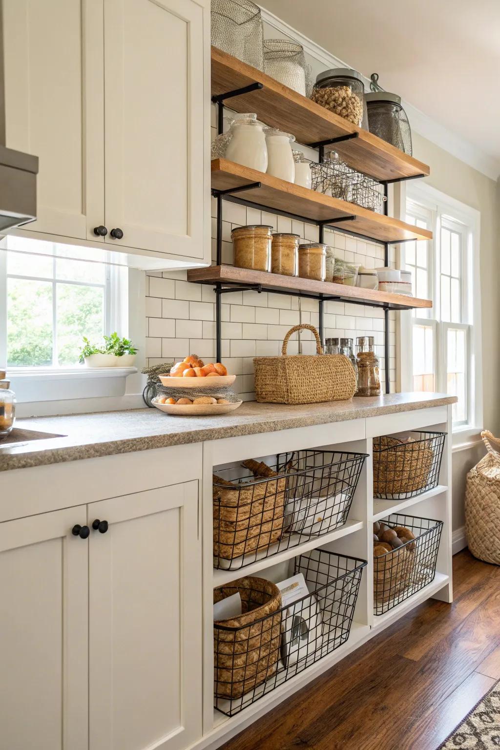 Wire baskets deliver practical storage incorporating a rural house flair.