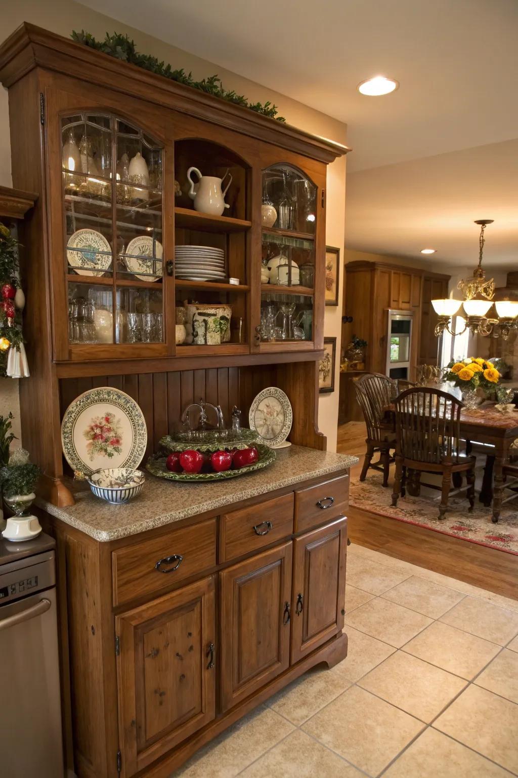 An antique storage cabinet provides storage and style in a rustic kitchen.