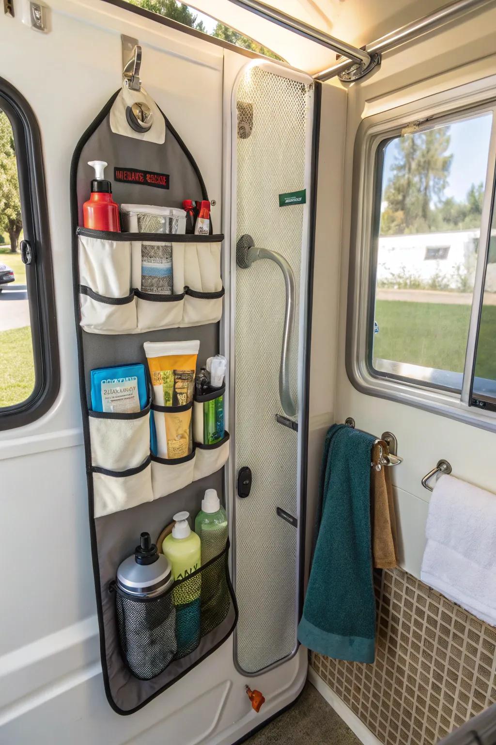 With a hanging organizer, keep shower necessities arranged.