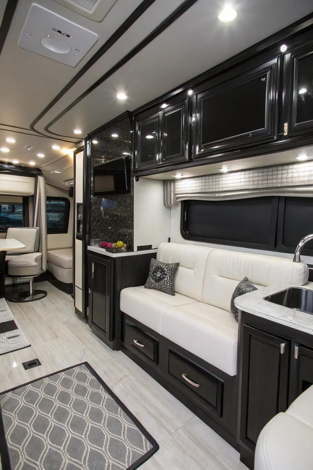 An ebony and ivory arrangement engenders a timeless aesthetic within this recreational vehicle.