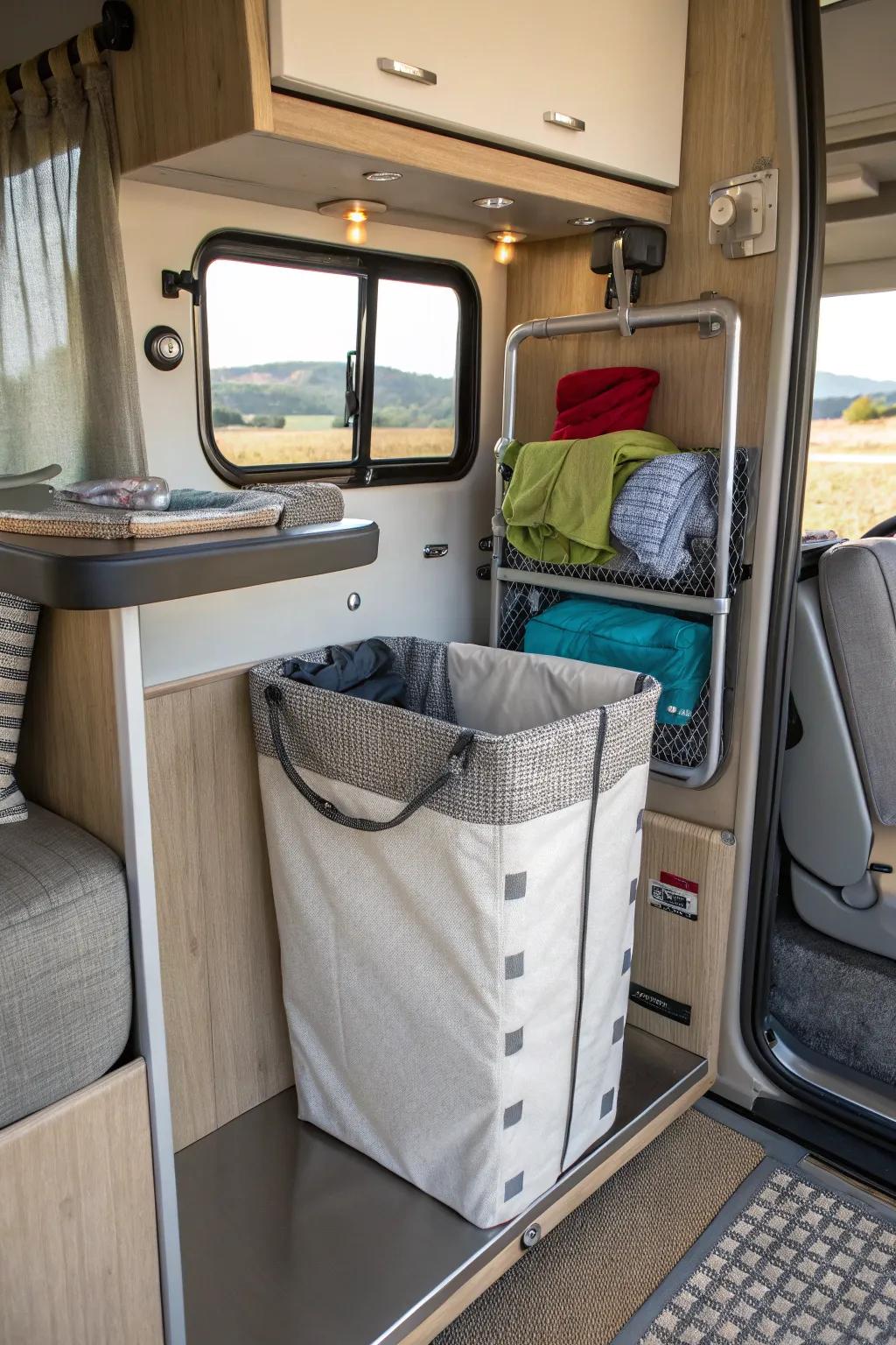 A magnetic hamper cleverly attached to a metal wall in the RV.