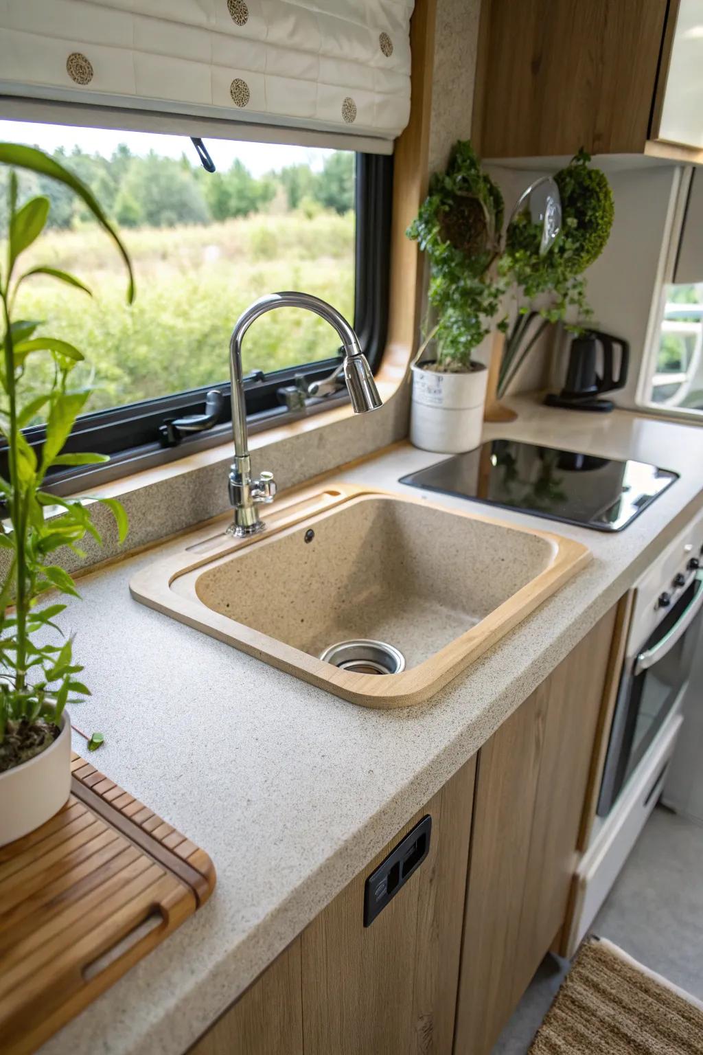 An eco-friendly basin made from recycled products in an RV cooking area.