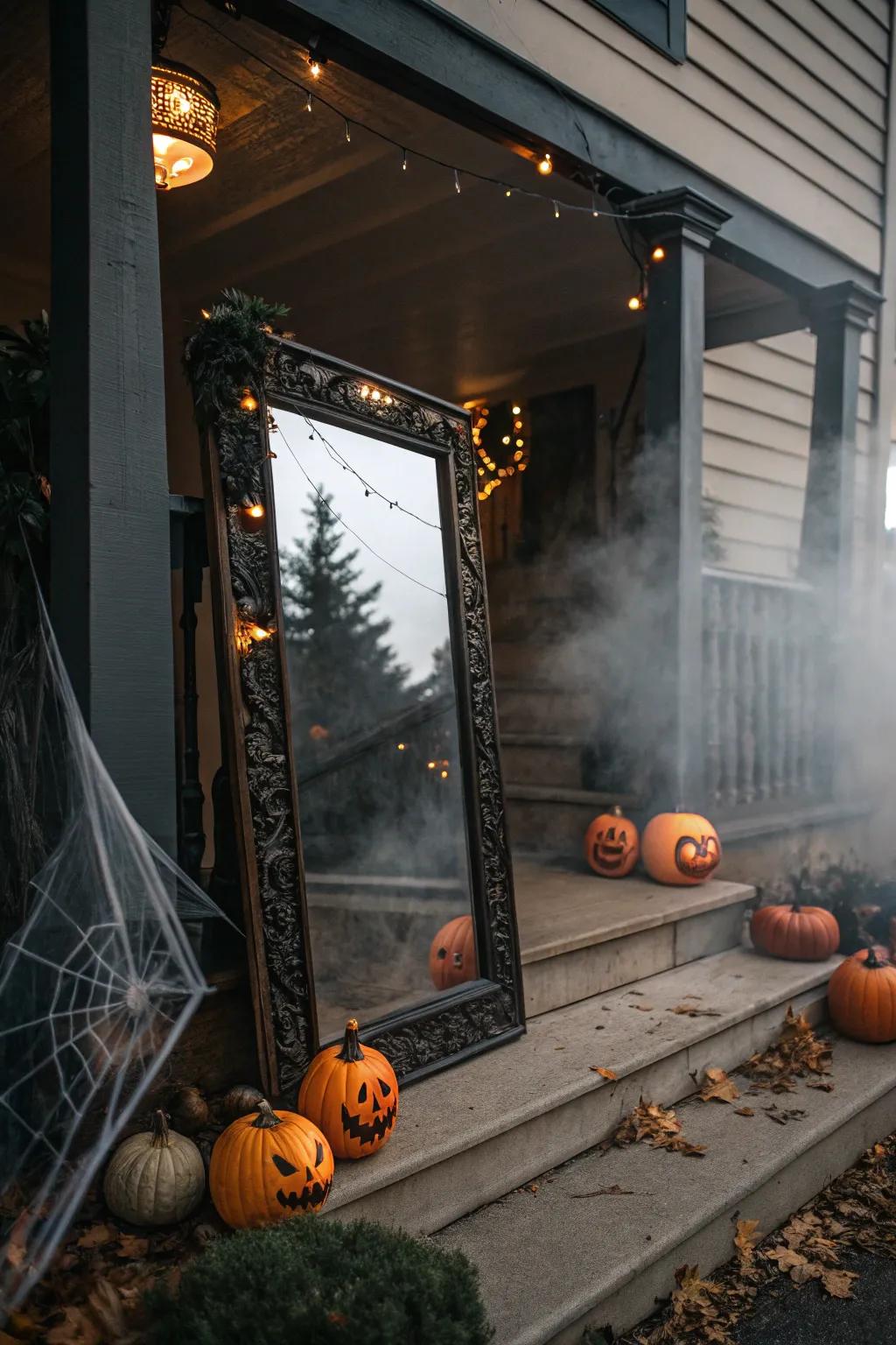Mystical reflectors conjure enchanting reflections on the spooky veranda.