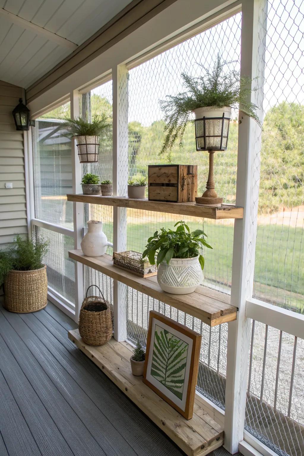 Floating shelves provide stylish storage for plants and décor.