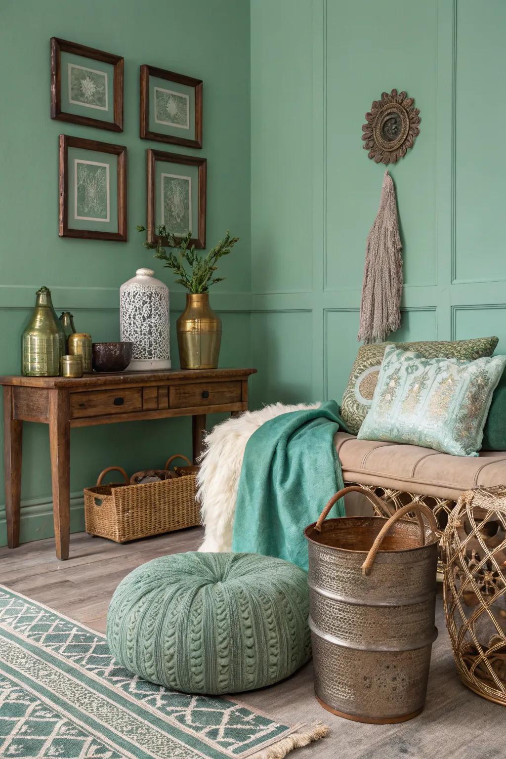 A dynamic space with seafoam green walls and contrasting textures.