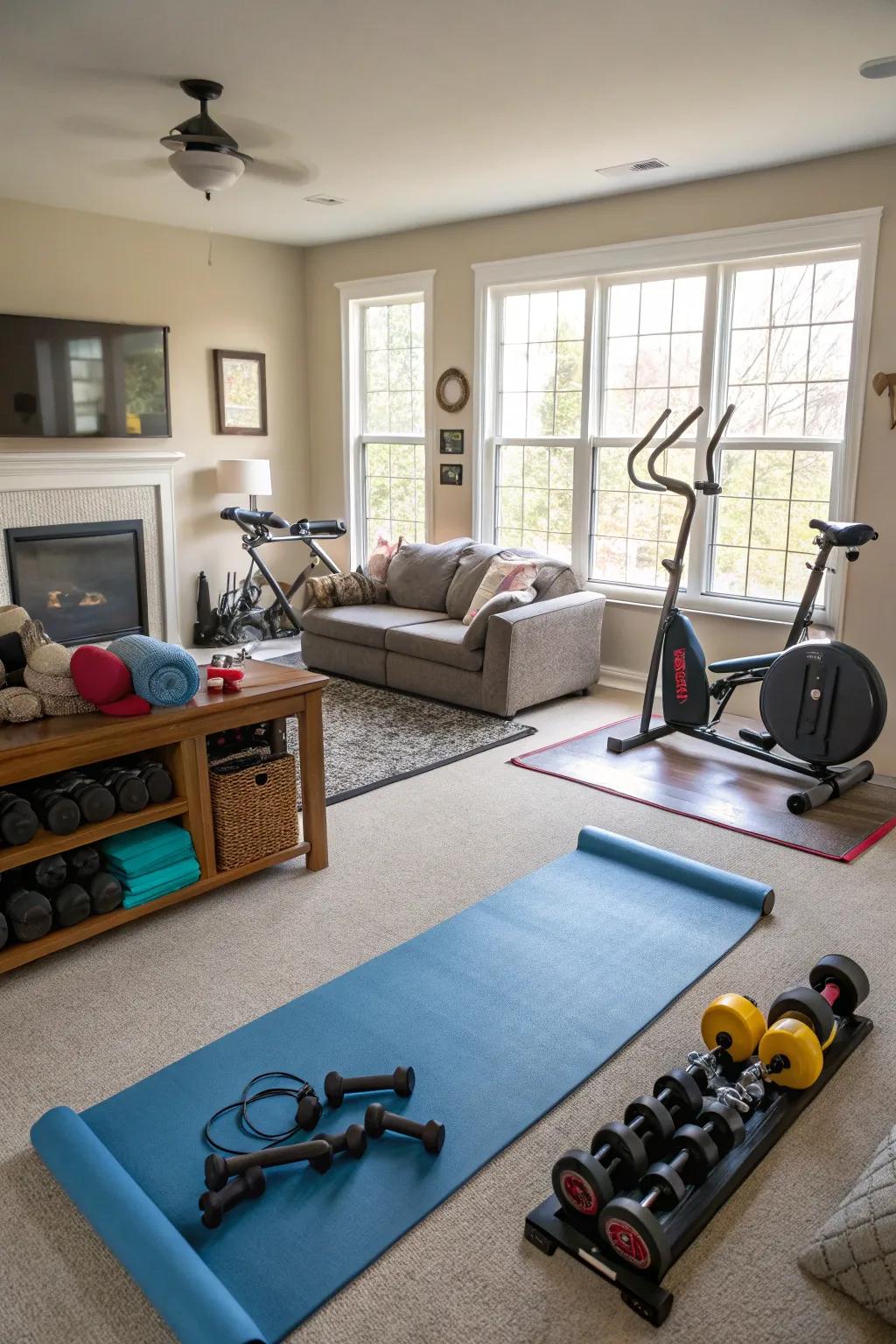 Create a personal fitness zone in your living room.