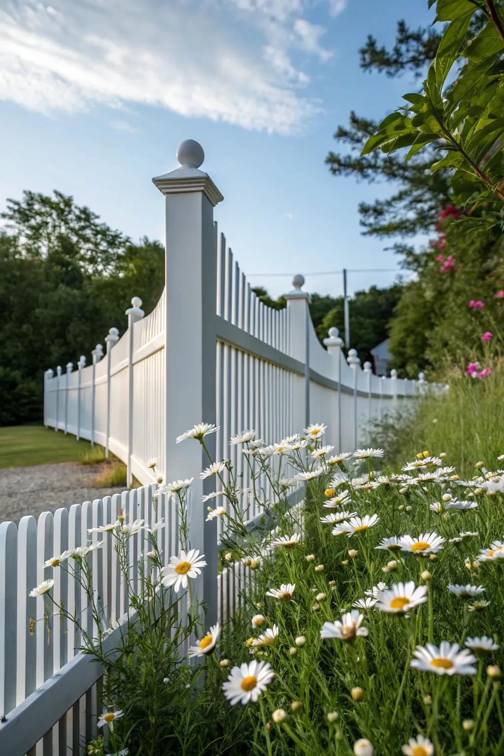 A modern transformation of the traditional board fence infuses charm and partial privacy into this garden.