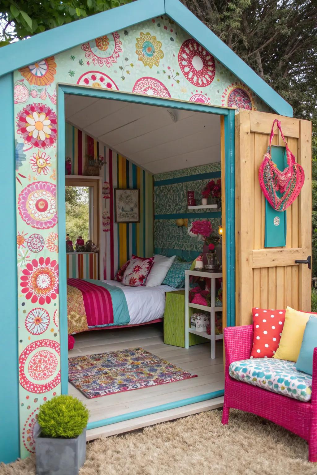 Vivid colors bring energy and personality to your shed bedroom.