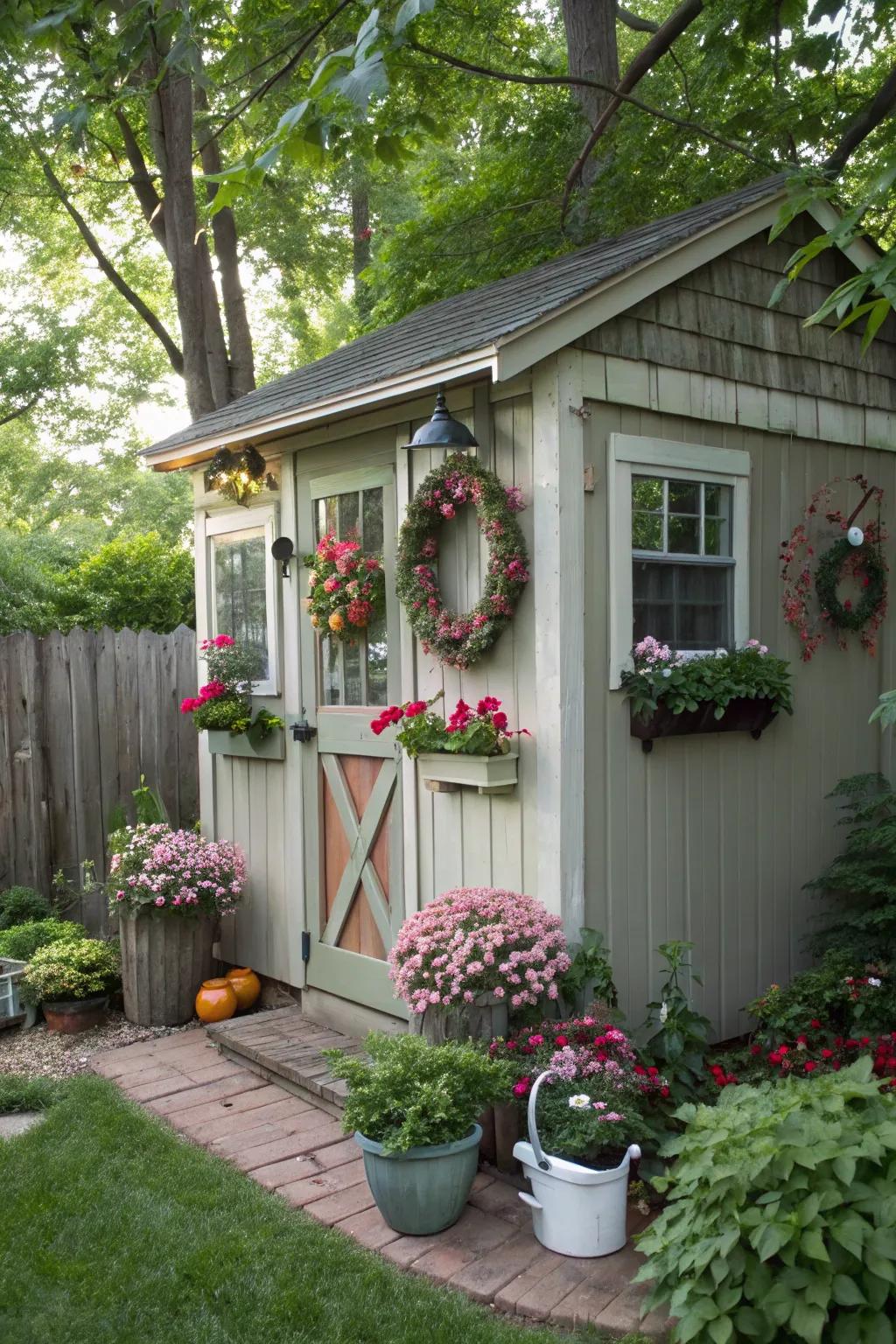 A yard outbuilding adorned with changing seasonal design.