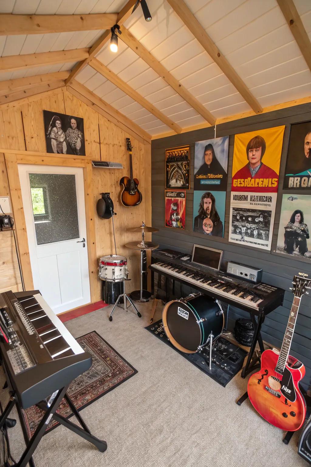 A shed dwelling interior transmuted into a melodic studio for creative articulation.