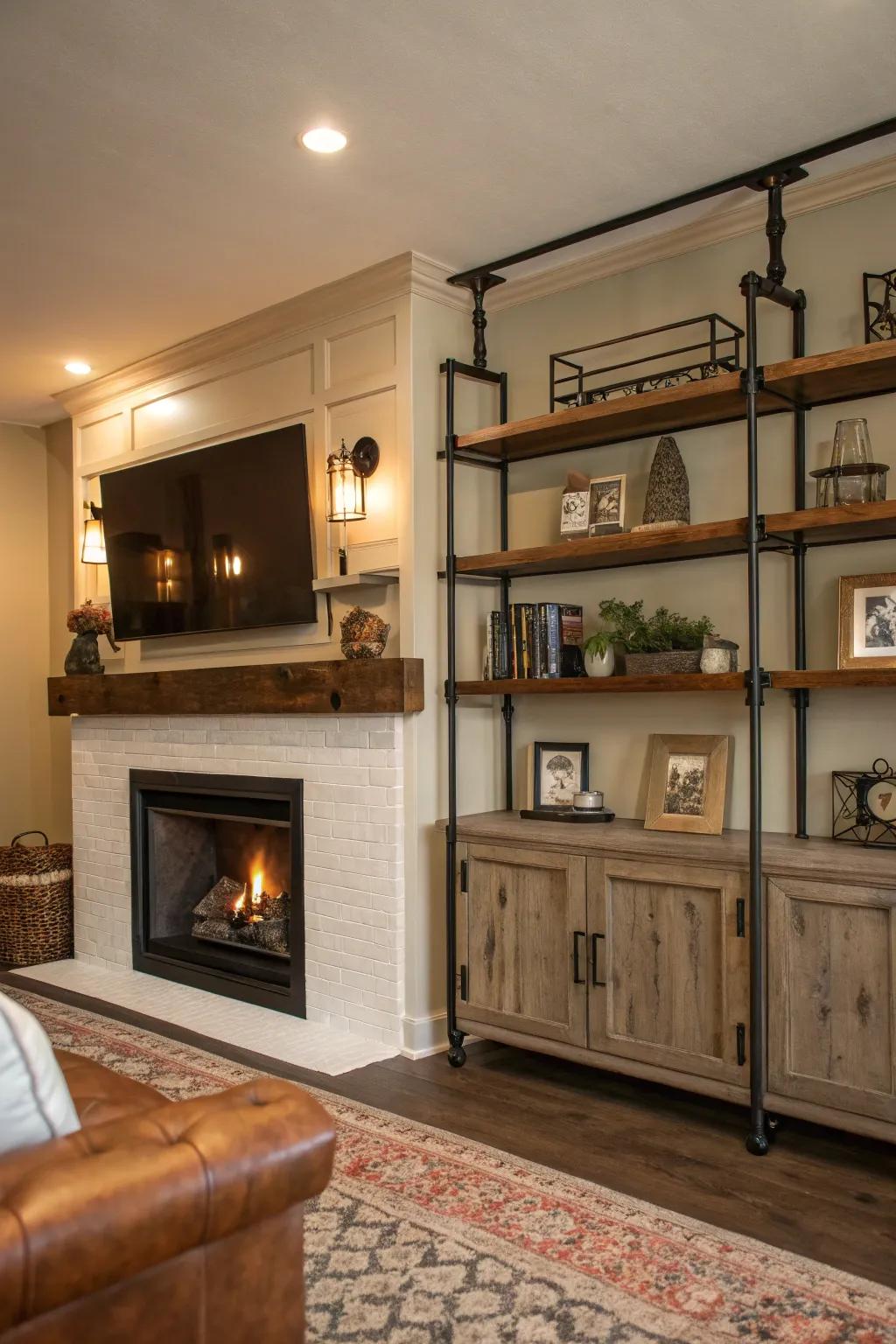 An industrial edge with metal shelving creates a rugged style.