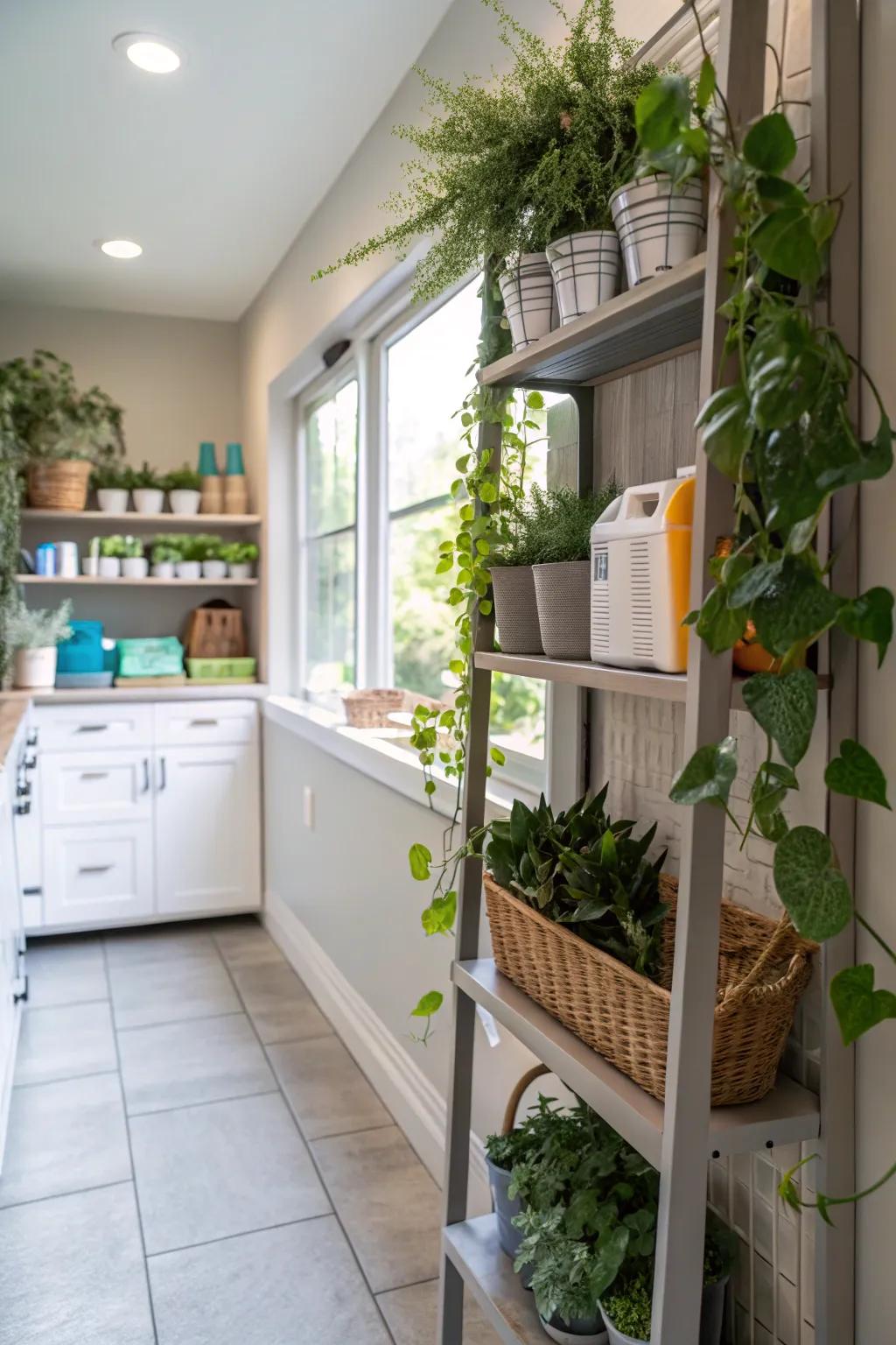 A vertical garden introduces a refreshing and lively element to the space.