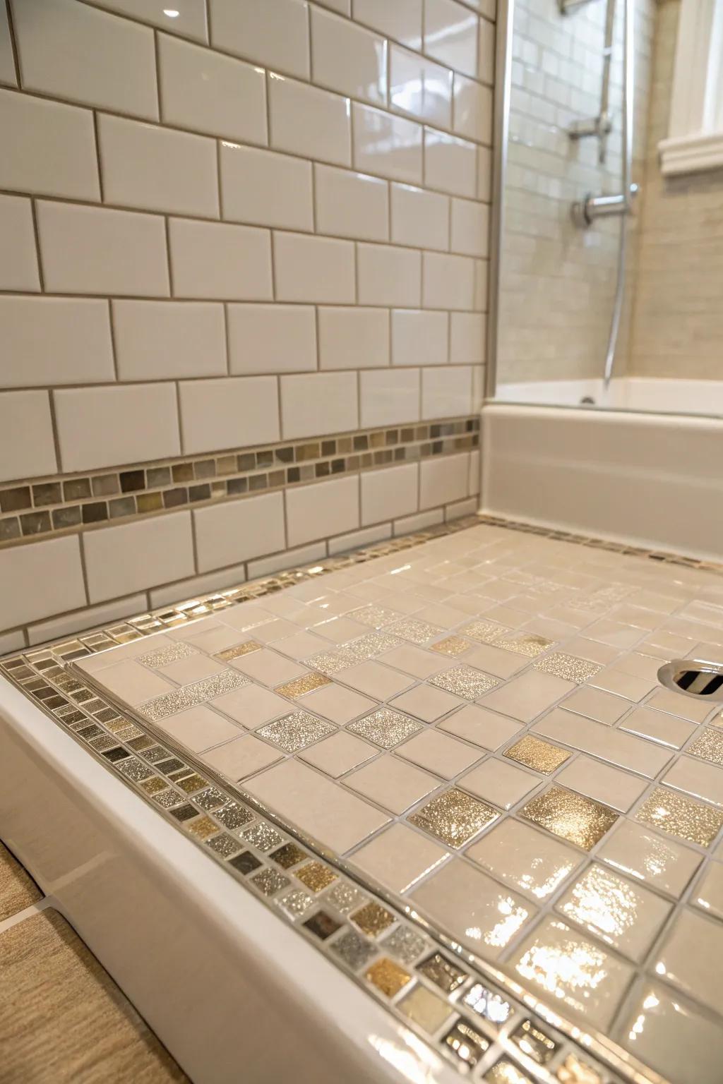Refined metallic details on tiles impart a hint of glamour and elegance to this shower base.