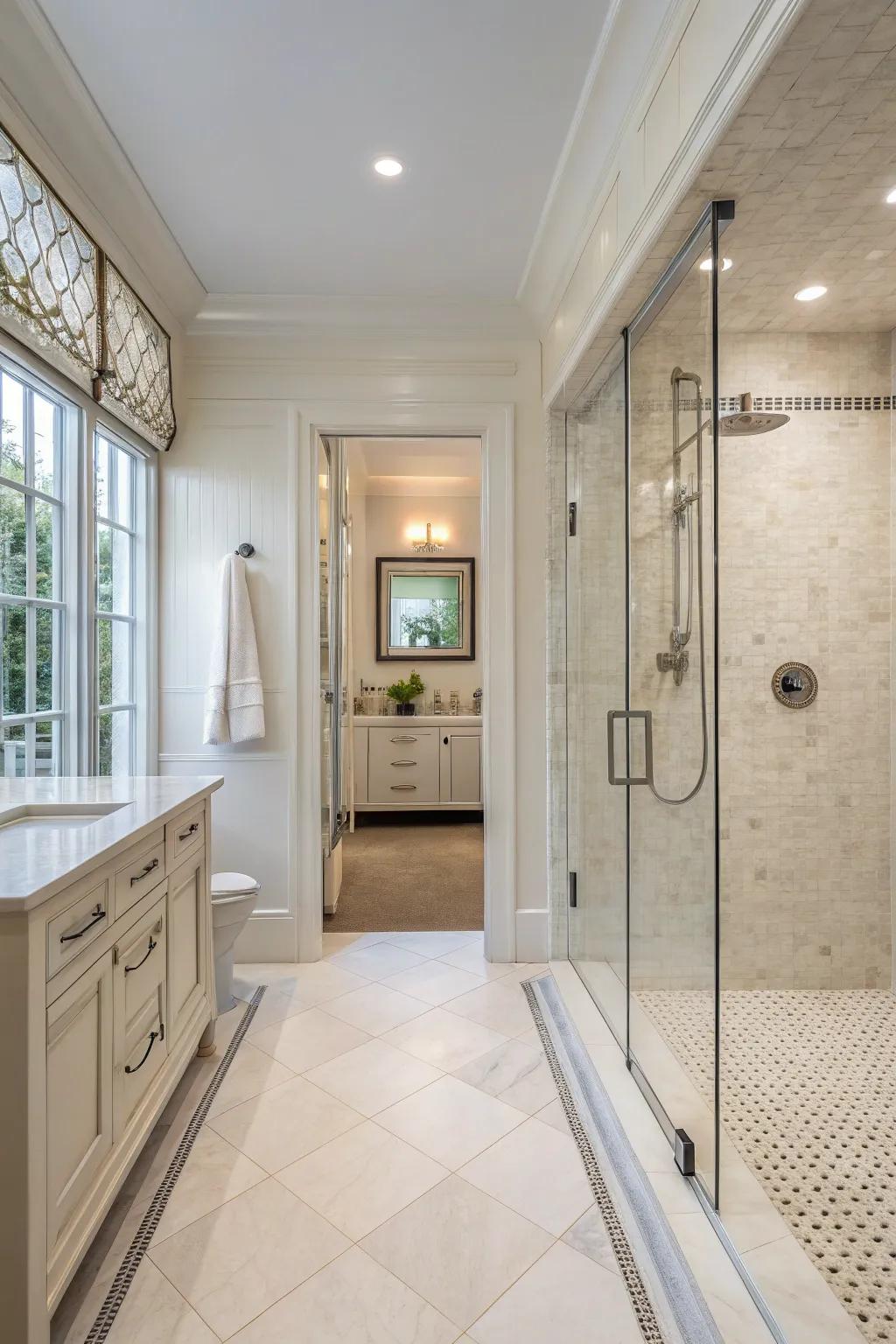 Open-plan showers craft a seamless and modern lavatory experience.