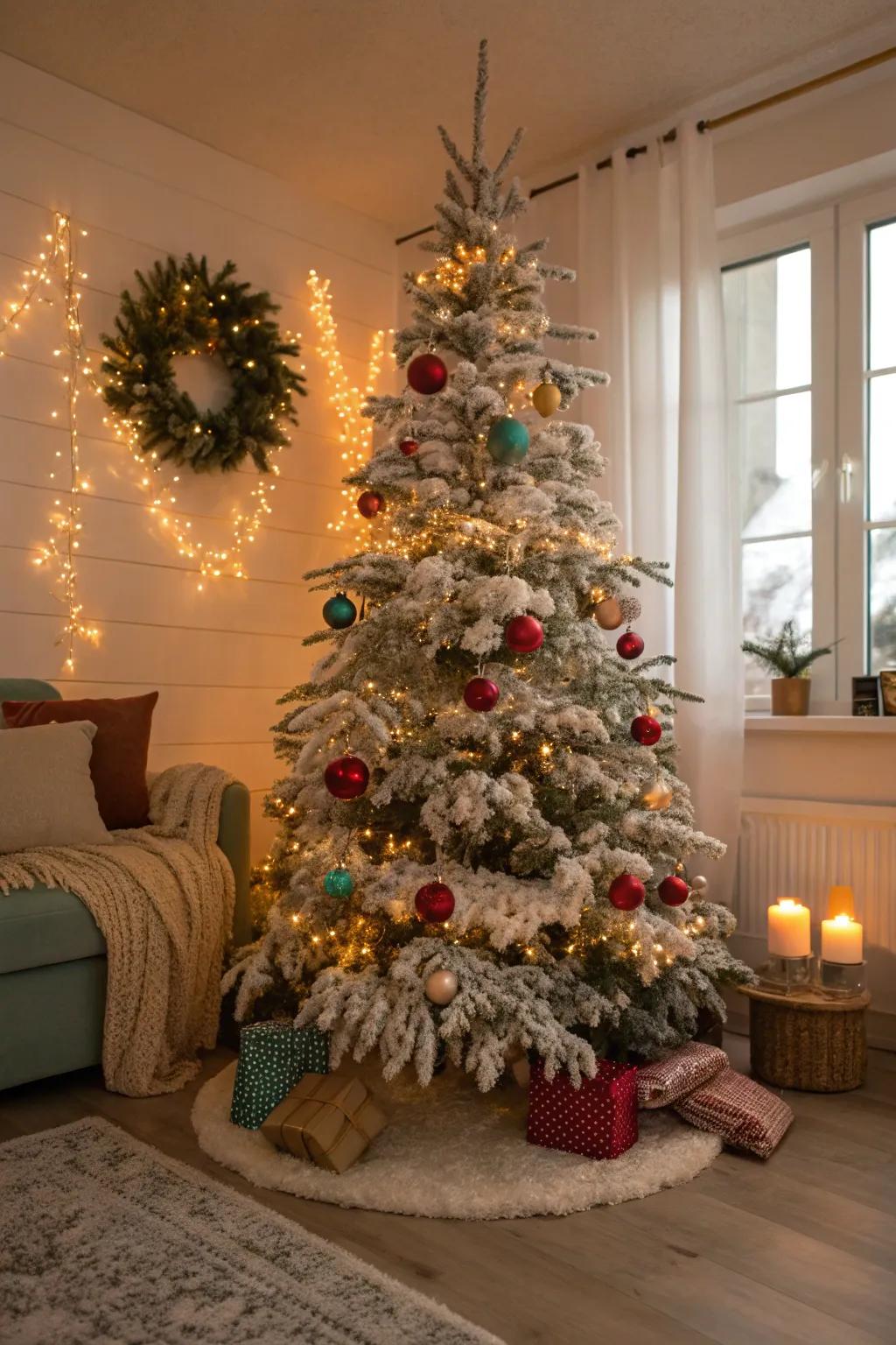 Dreamy winter wonderland with frost-laden branches.