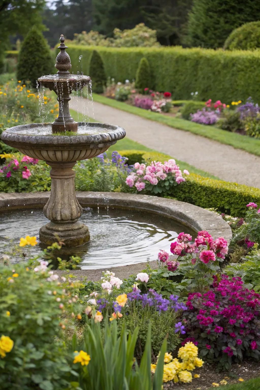 A tranquil garden that includes a small fountain for enhanced ambiance.