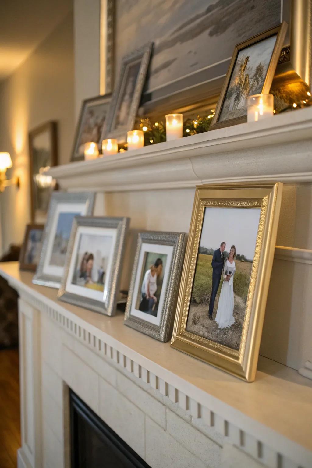 Personal portraits add warmth and personality to this mantel.