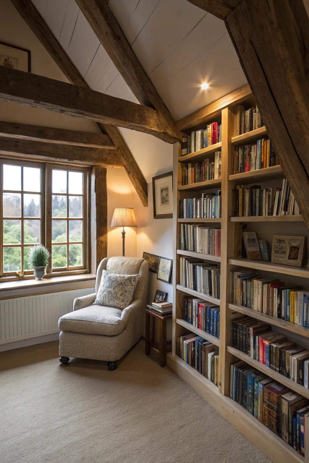 In this attic bedroom, built-in bookshelves contribute to the space's storage capacity and charm.