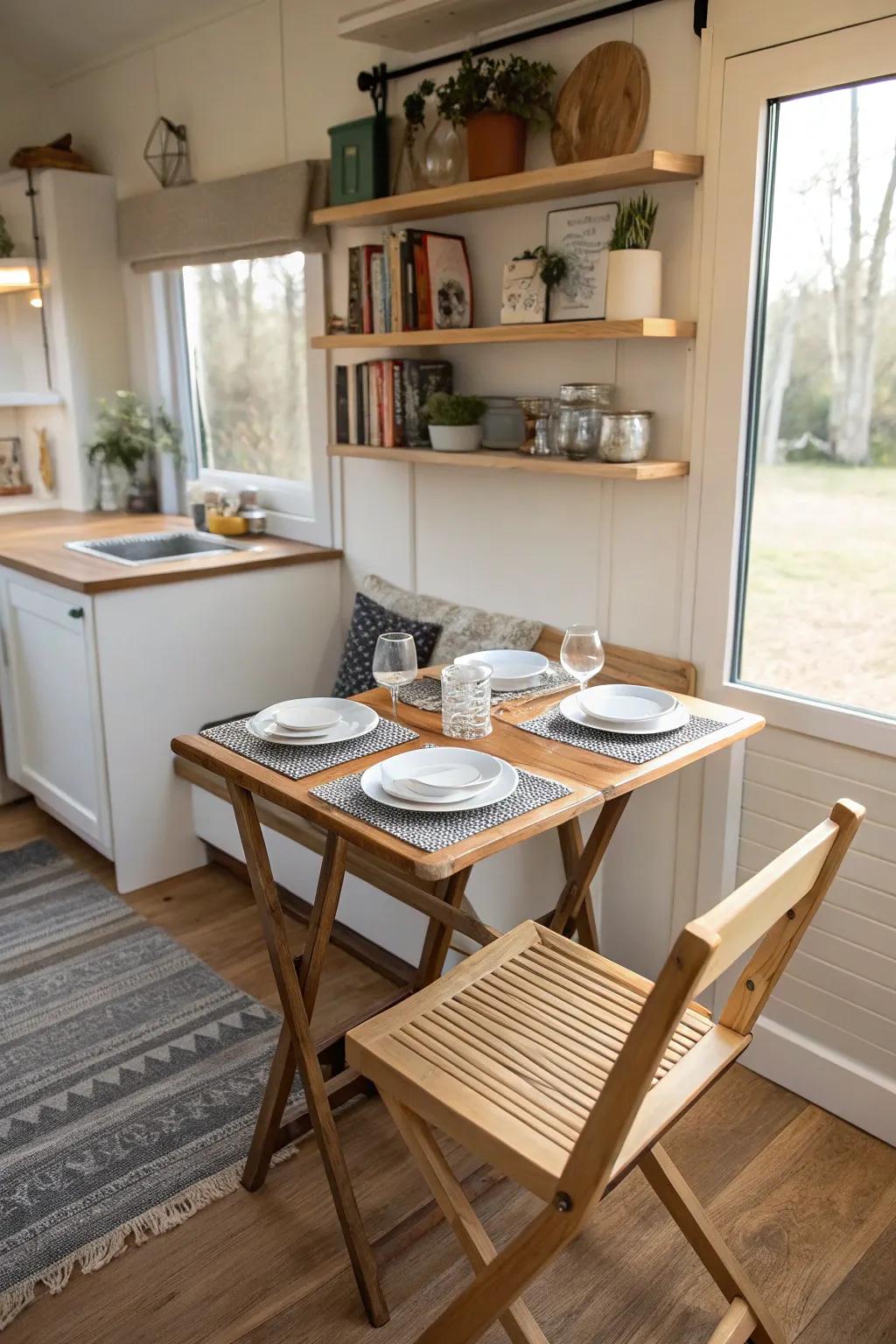 Collapsible dining tables offer space-conserving options in limited Airbnb environments.
