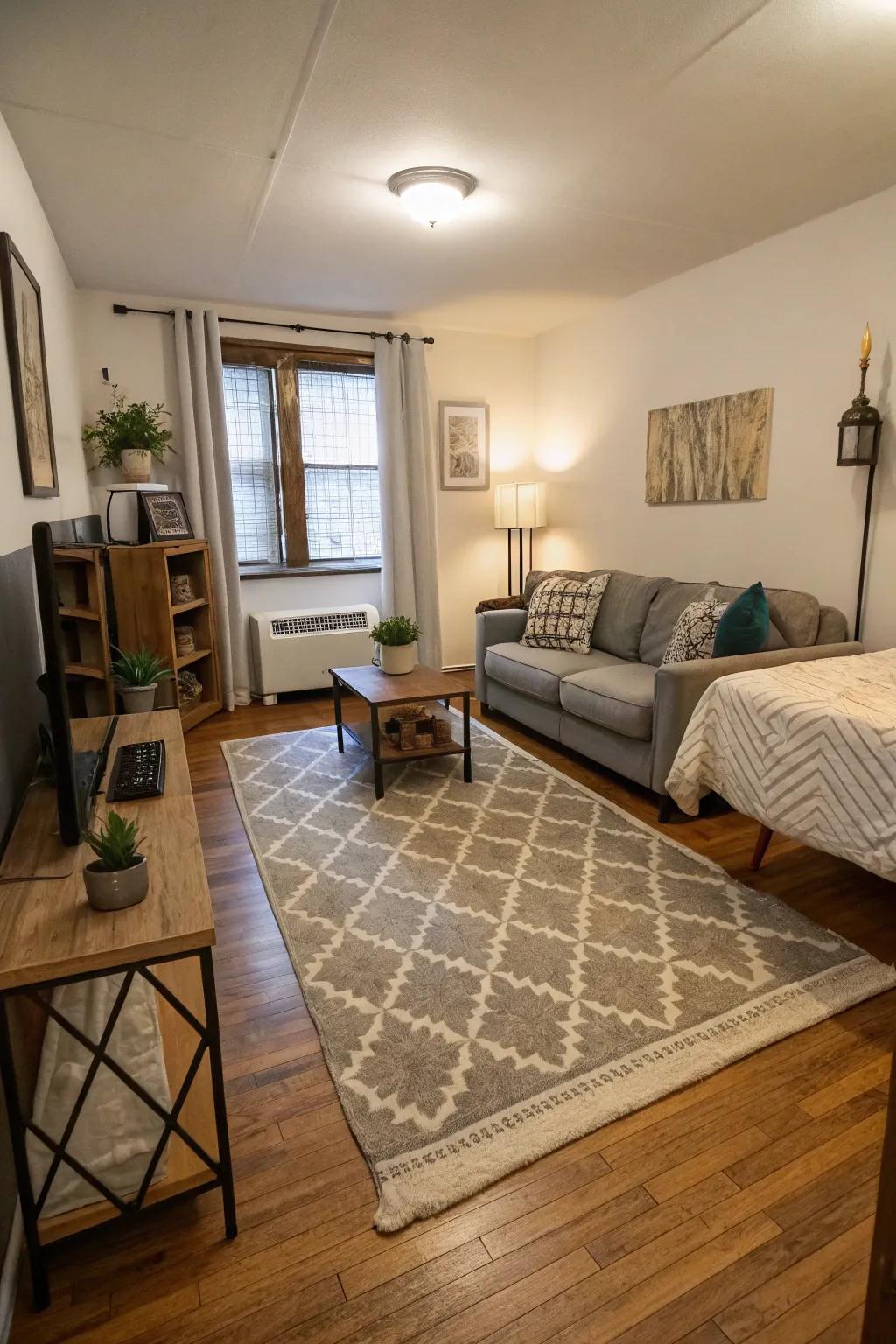 Rugs help separate spaces in a small apartment.