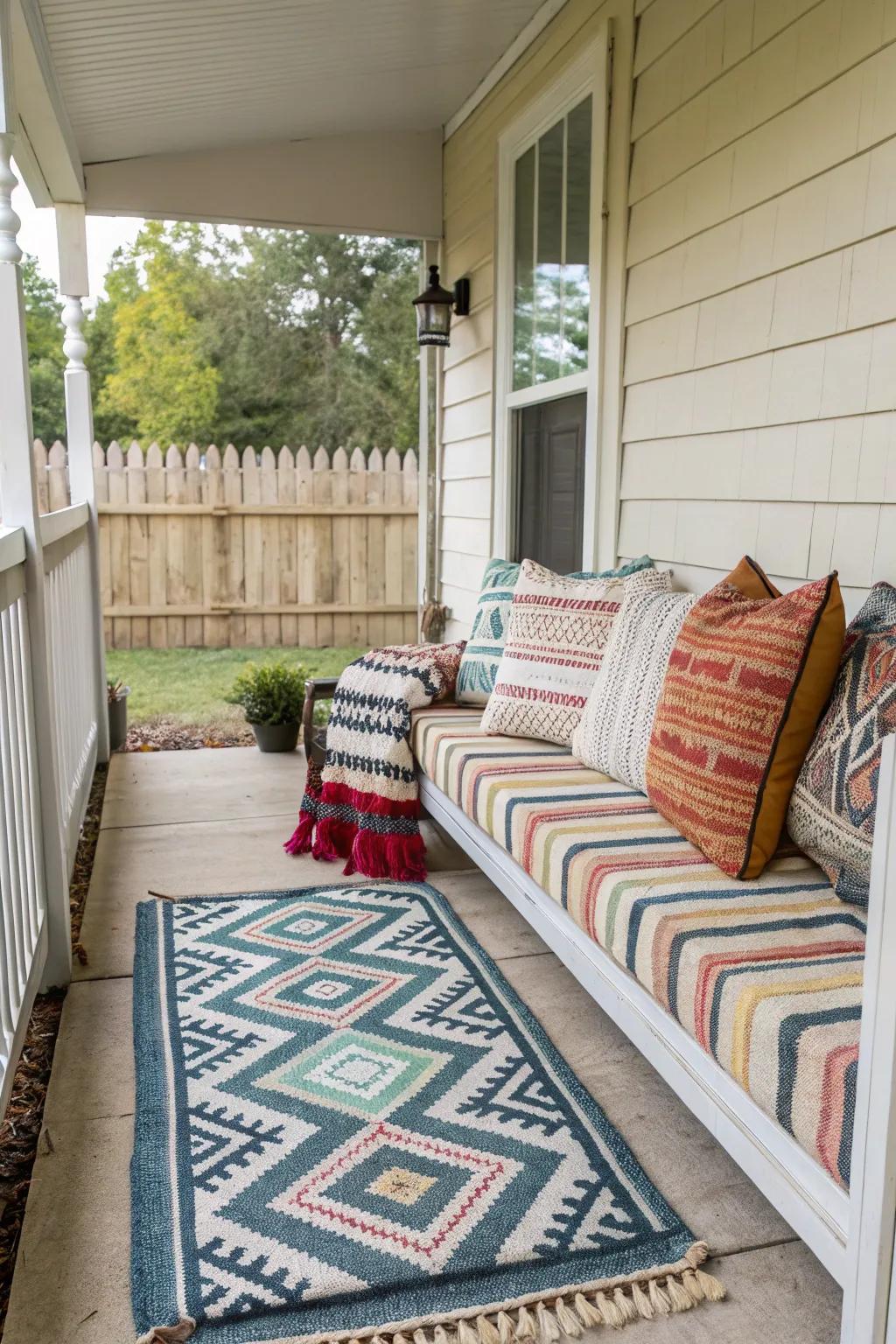 Patterned textiles append visual interest to a modest porch.