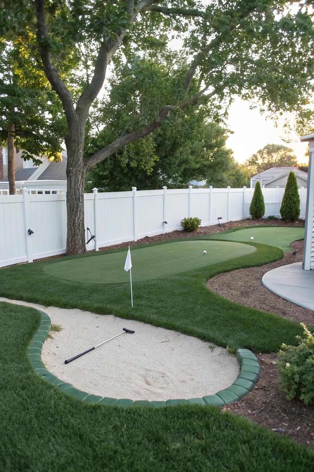 A putting green complete with a chipping area for varied practice.