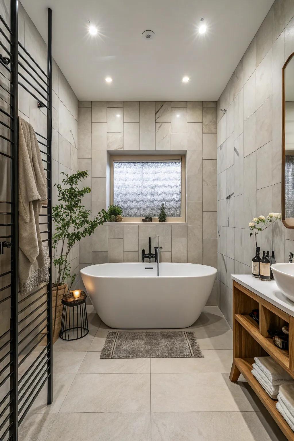 Floor-to-ceiling tiles enhance space and style.