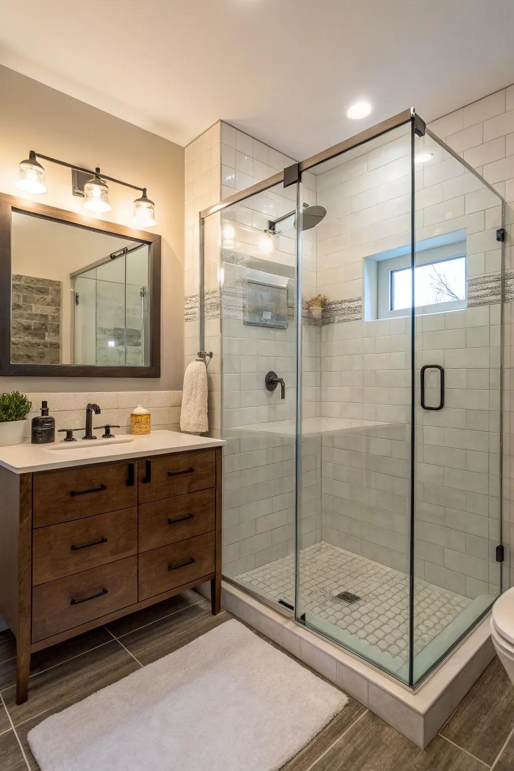 A shower without a frame enhances openness in a compact bathroom.