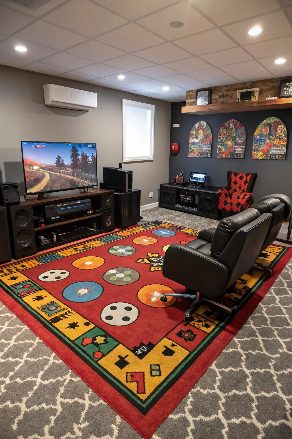 Rugs that match the theme make your gaming room feel complete.