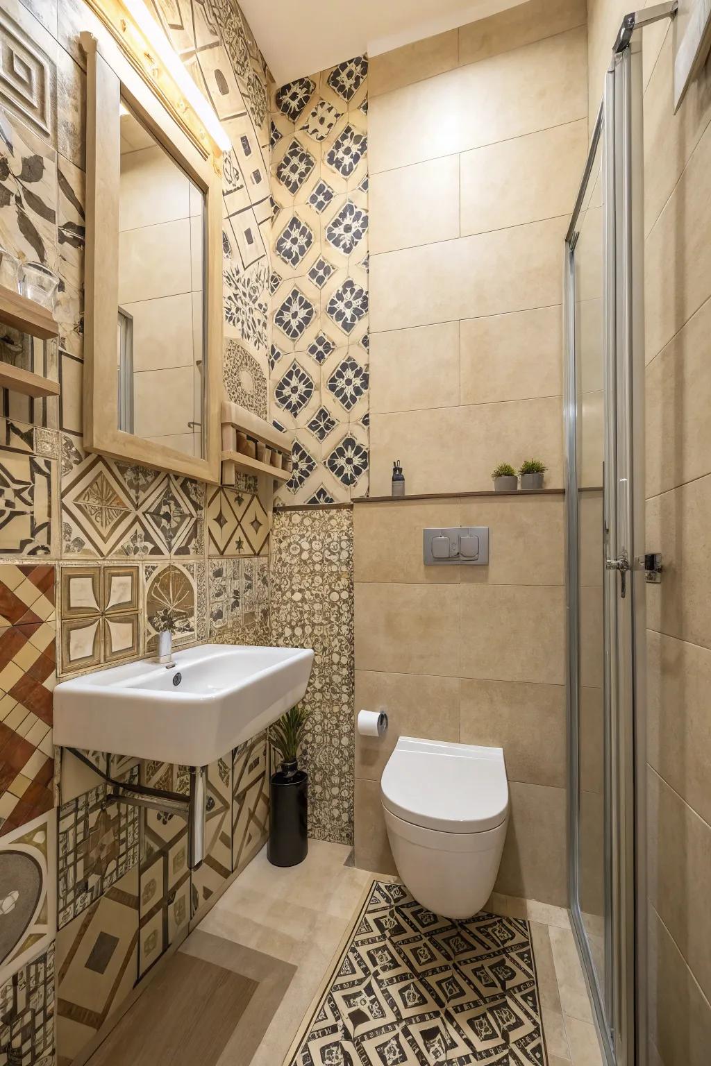 A small bathroom featuring modern geometric tiles.