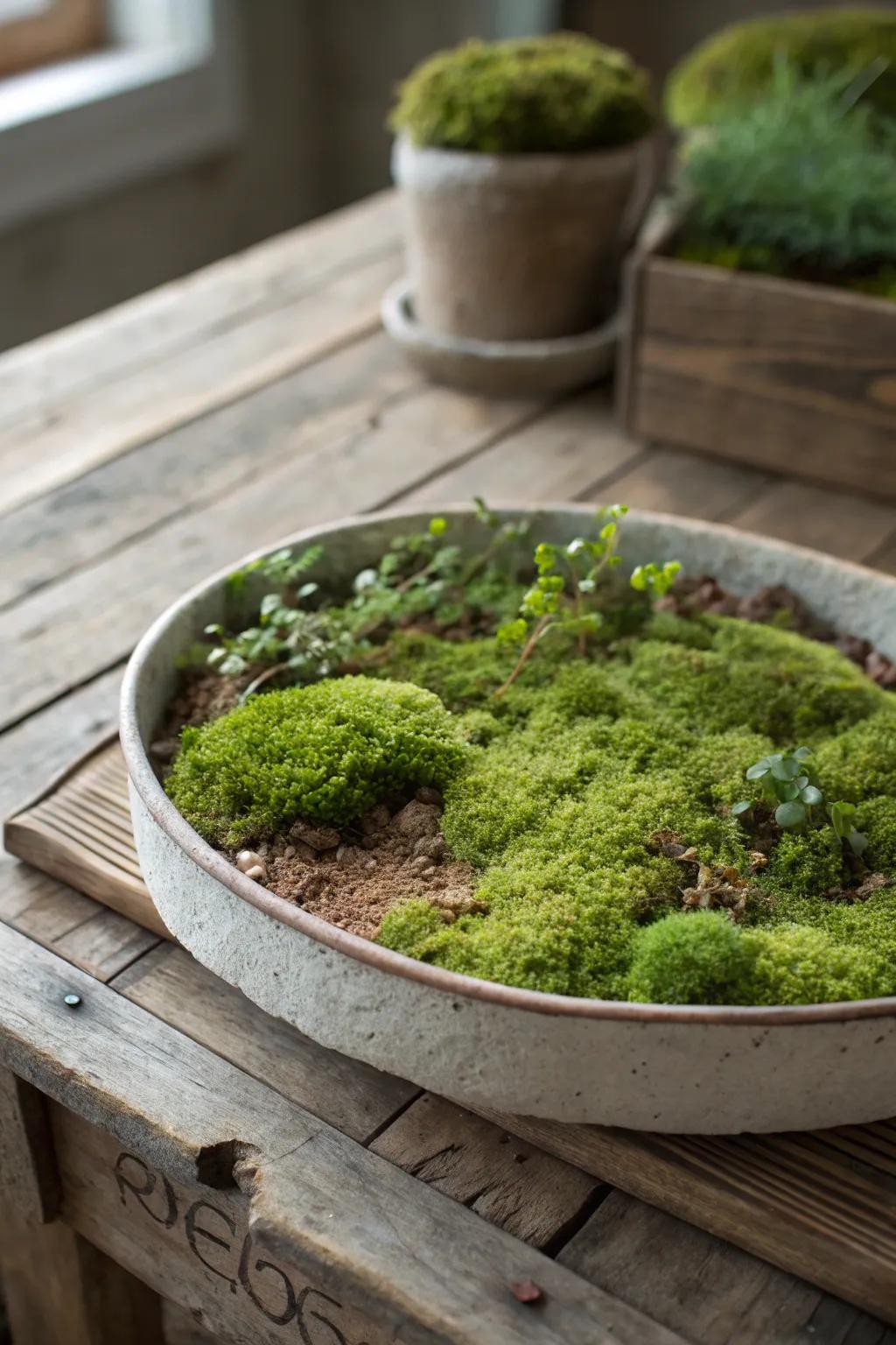 A centerpiece consisting of an earthy moss patch that invites the woodland inside.