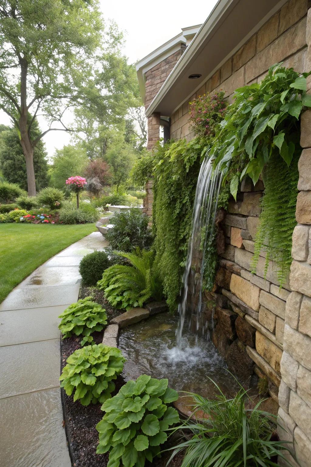 A wall-mounted cascade proposes a dramatic and calming backdrop.